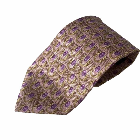 Ermenegildo Zegna Tie Pink Purple Gold Geometric 100% Silk Necktie 57.5"… - Picture 1 of 8